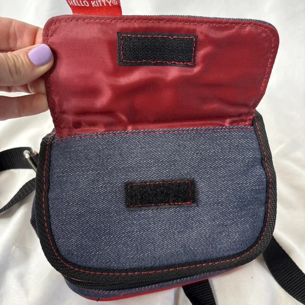 Vtg Y2K 2002 Sanrio Hello‎ Kitty Denim Blue Red Crossbody Bag Purse 7.5x7
